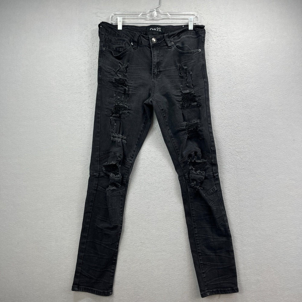 Rue21 Skinny Jeans Mens 32x32 Black Distressed Moto Biker Stretch Denim Pants